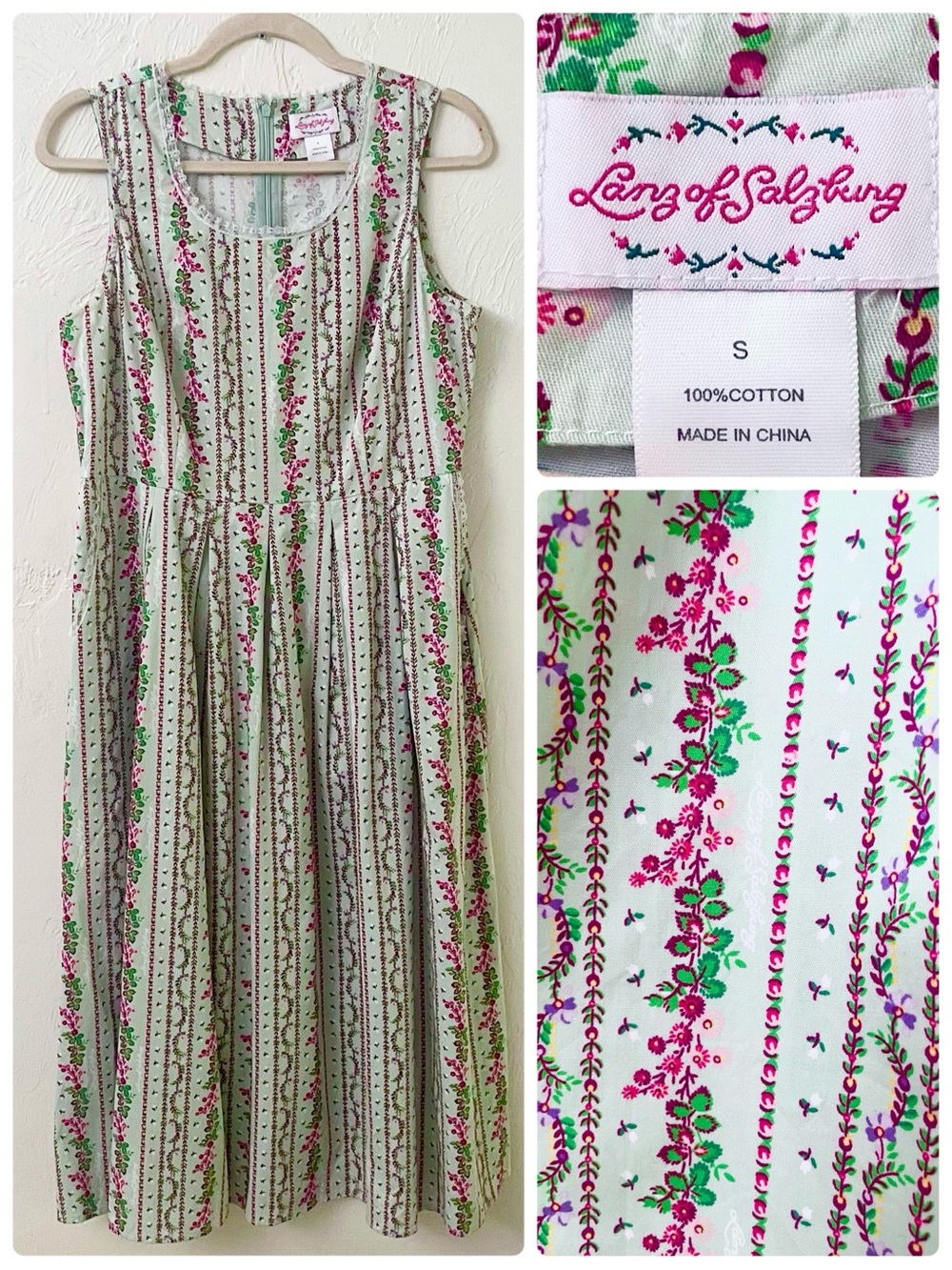 Lanz of Salzburg Sleeveless Floral A-Line Tea Length Dress in Mint Green/Pink